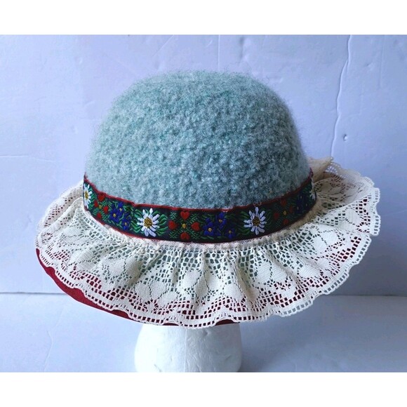 Vintage Handmade Wool Clouche Hat Floral Ribbon Crochet Lined Blue Hat OSFA main image 6
